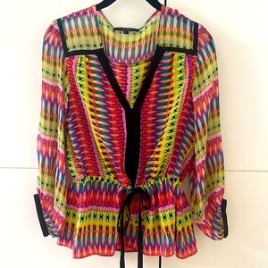 Nanette Lenore blouse multi color with drawstring waist.v neck. Sheer sleeves